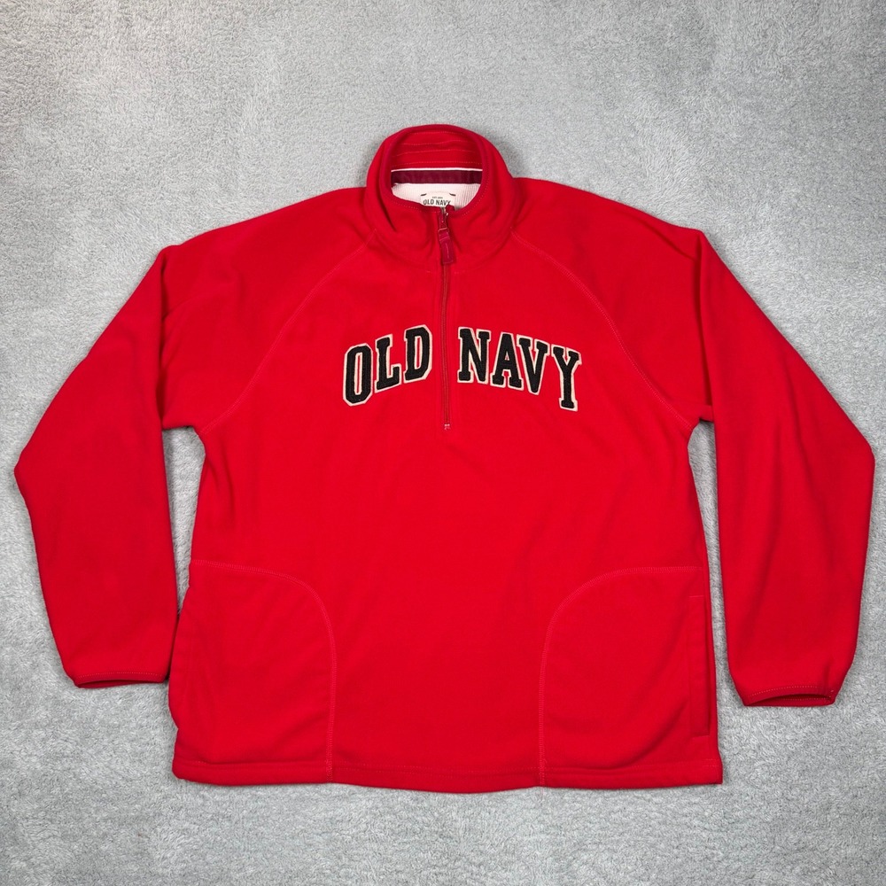 Vintage Y2K Old Navy Mens Red Quarter Zip Fleece Pullover Collegiate Logo XL 90s